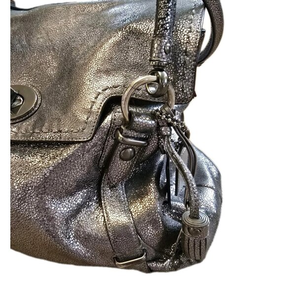 Coach Ltd Ed Hamptons Metallic Flap LG Carryall Tote Bag Satchel Silver RARE EUC - Picture 3 of 16